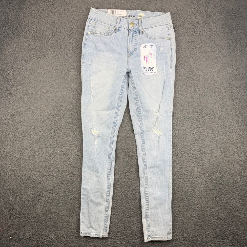 Seven7 Tummy Less High Rise Skinny Jeans Size 2 Light Wash Distressed MY1975DE